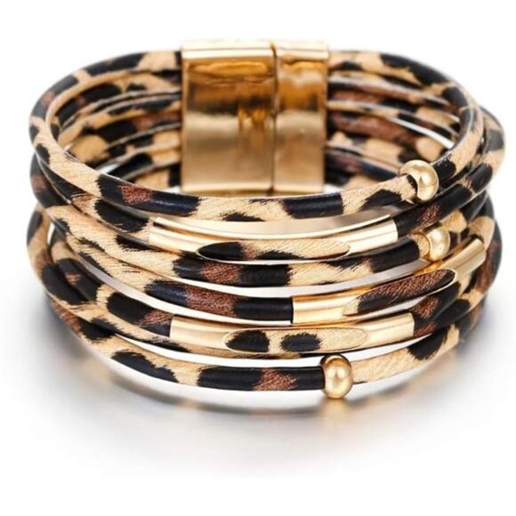 Boho Leather Wrap Bracelet for Women – Multi-Layer Leopard Print - Picture 1 of 7